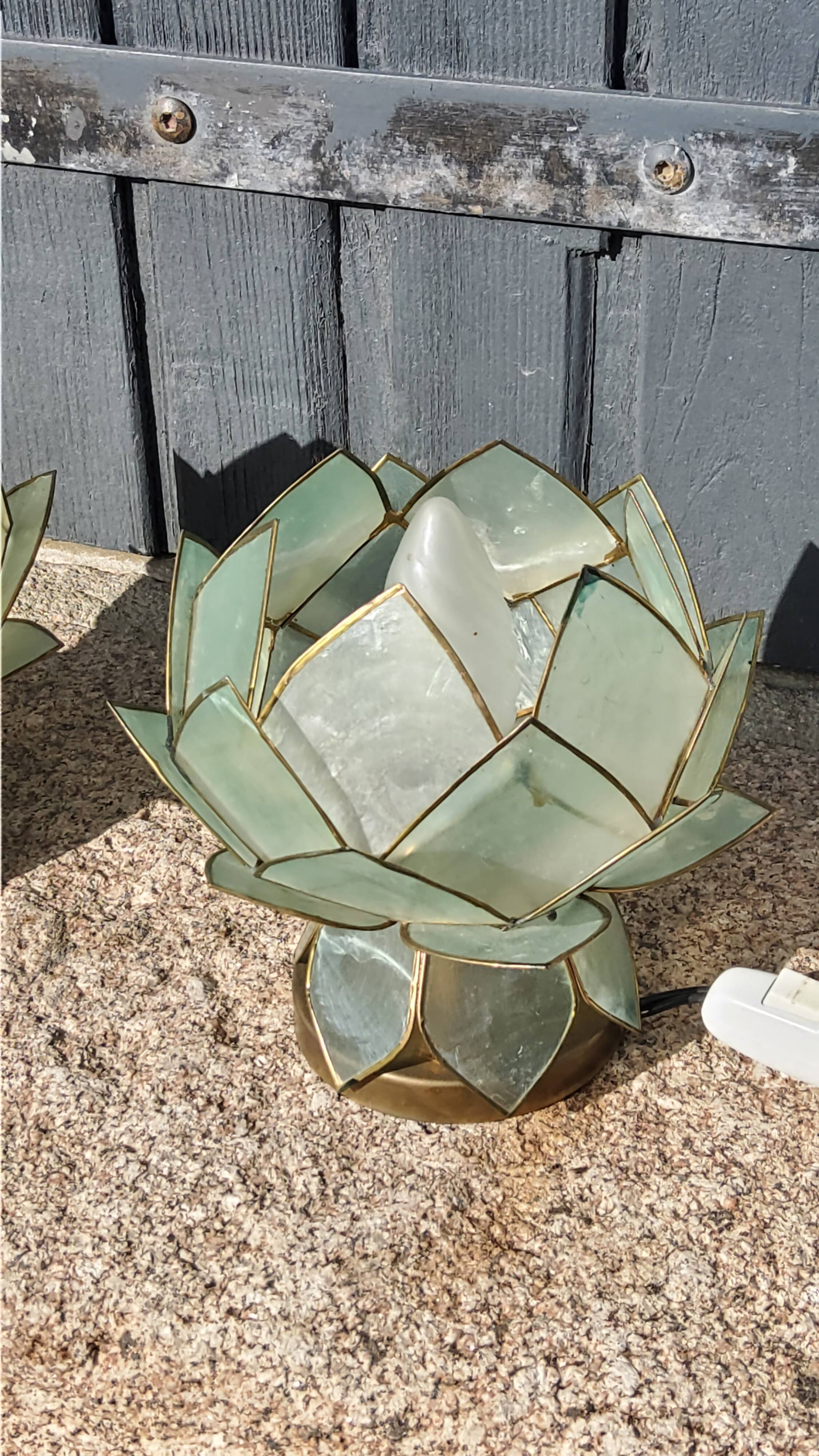 Pair of designer table lamps in turquoise blue green capiz mother-of-pearl from the 70s