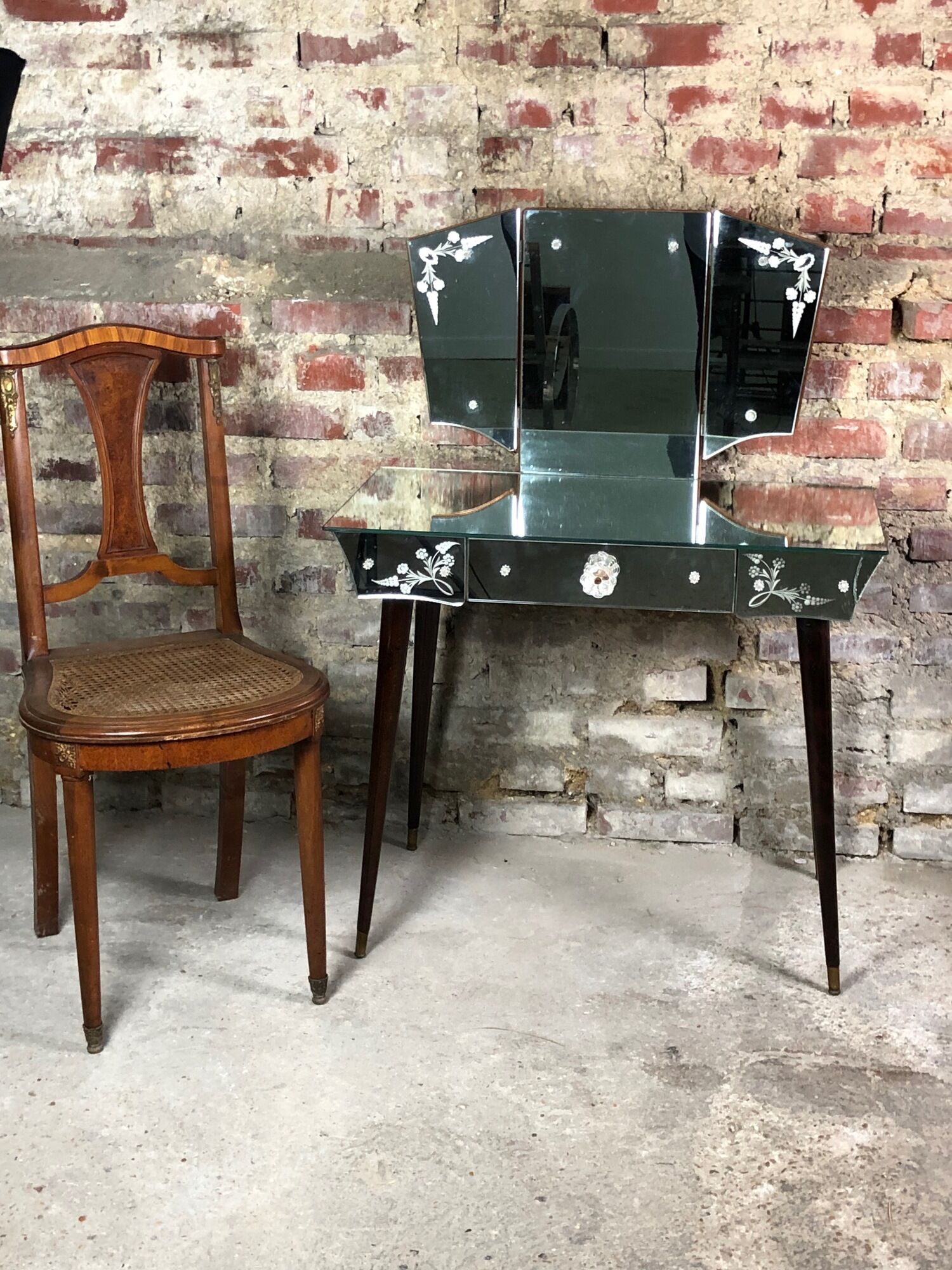 Vintage art deco style dressing table in mirror and wood 50'S