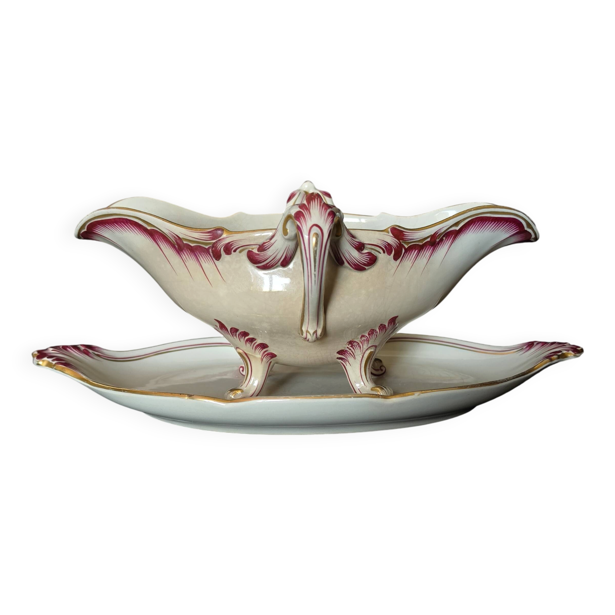 Antique sauce boat in fine earthenware from Sarreguemines, France, neo style.