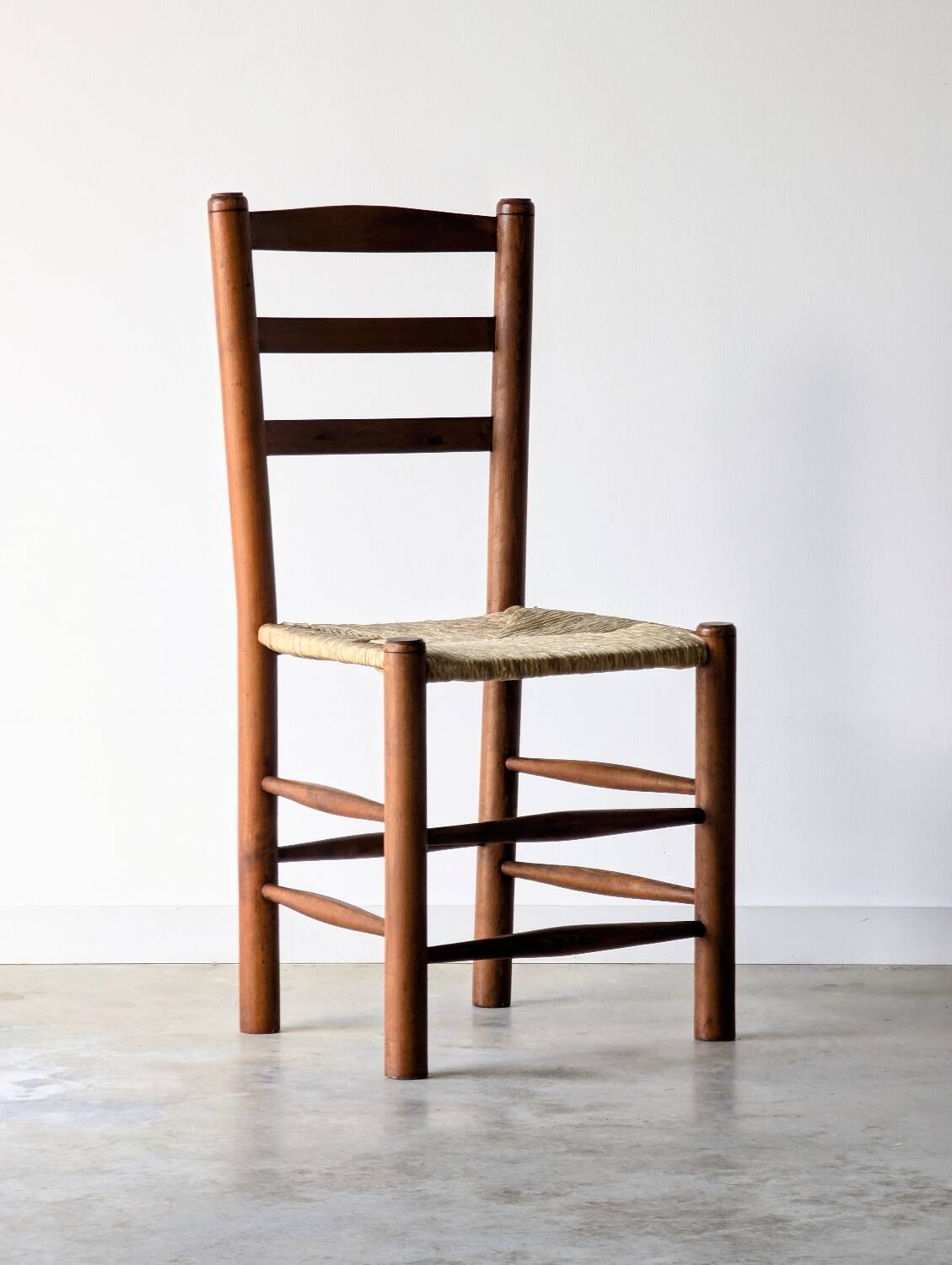 4 vintage brutalist chairs, wood & rope, Sentou / Perriand, 1960