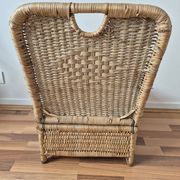 Vintage foldable beach chair, picnic in rattan and leather.