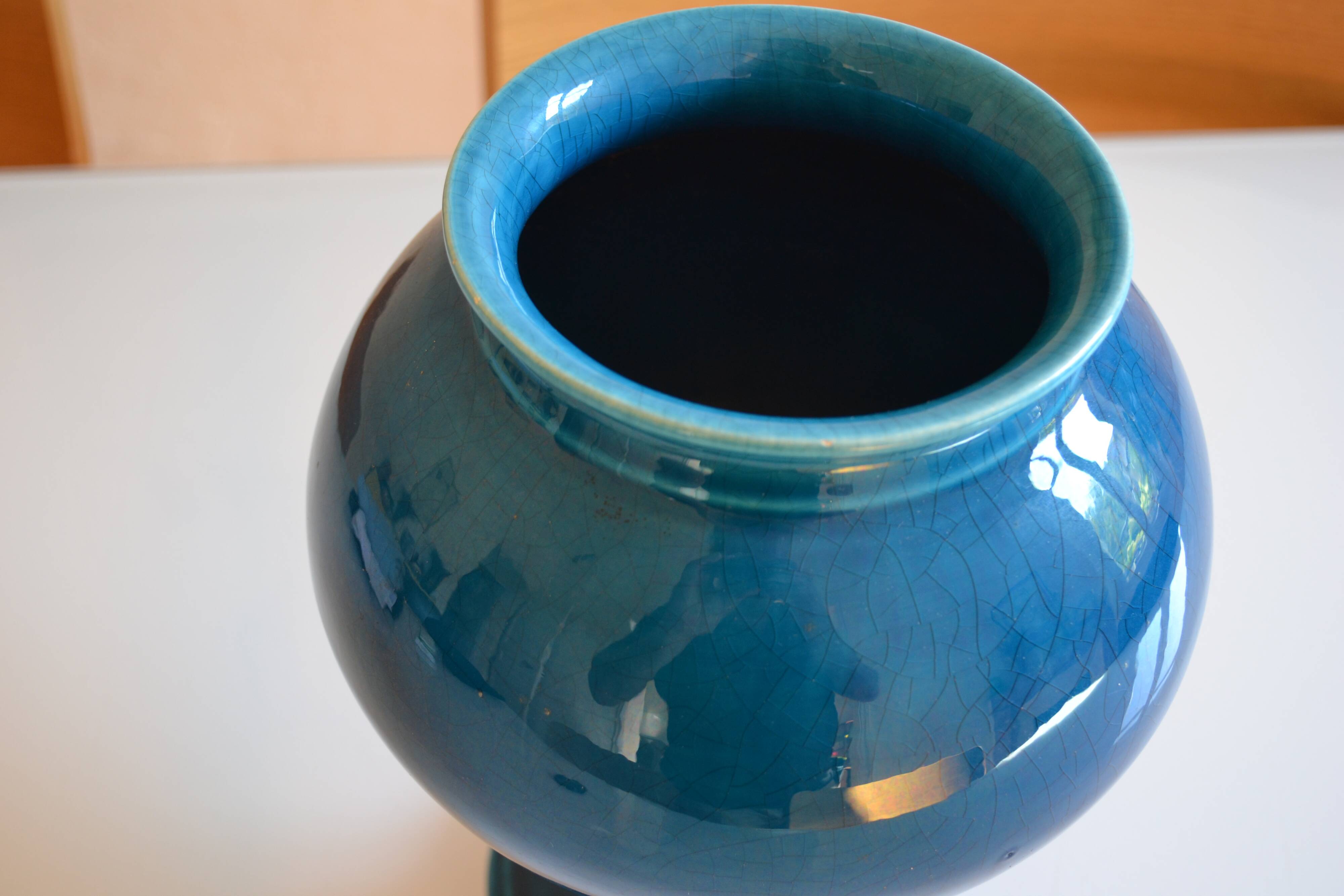 Vase bleu céramique craquelé  H : 28 cm