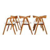 Set of 6 rustic oak wood dining chairs in safari beige.