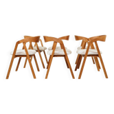 Set of 6 rustic oak wood dining chairs in safari beige.