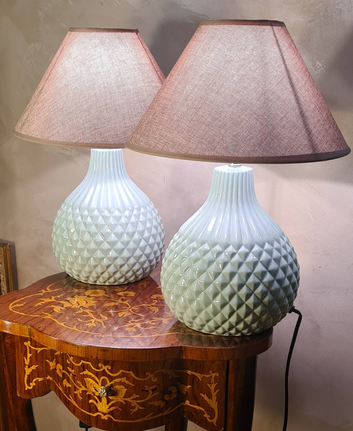 Pair of italian style electric ceramic lamps and new lampshades 43x38