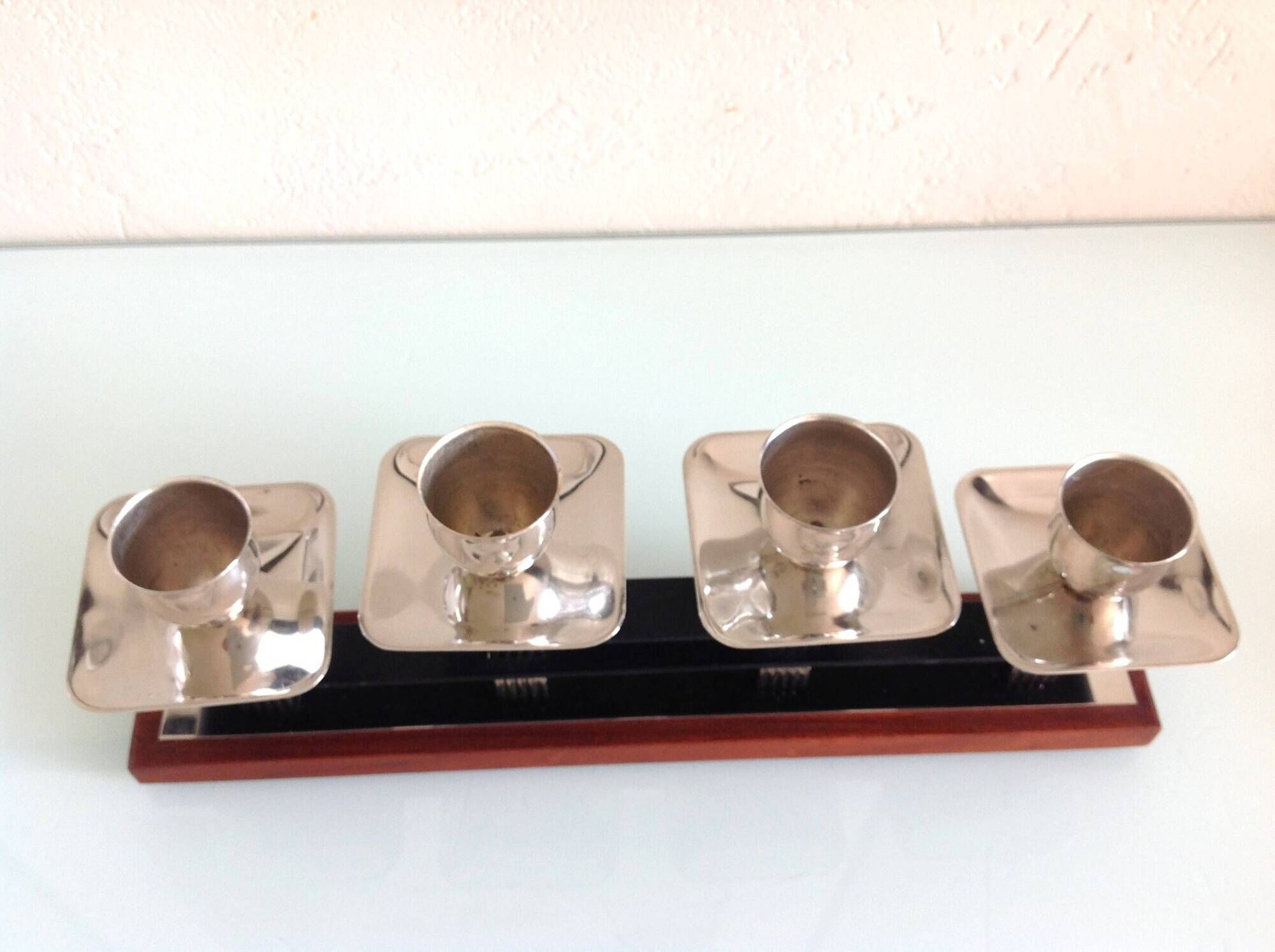 Four-headed candlestick in teak and chrome metal Scandinavian style / vintage 60s-70s
