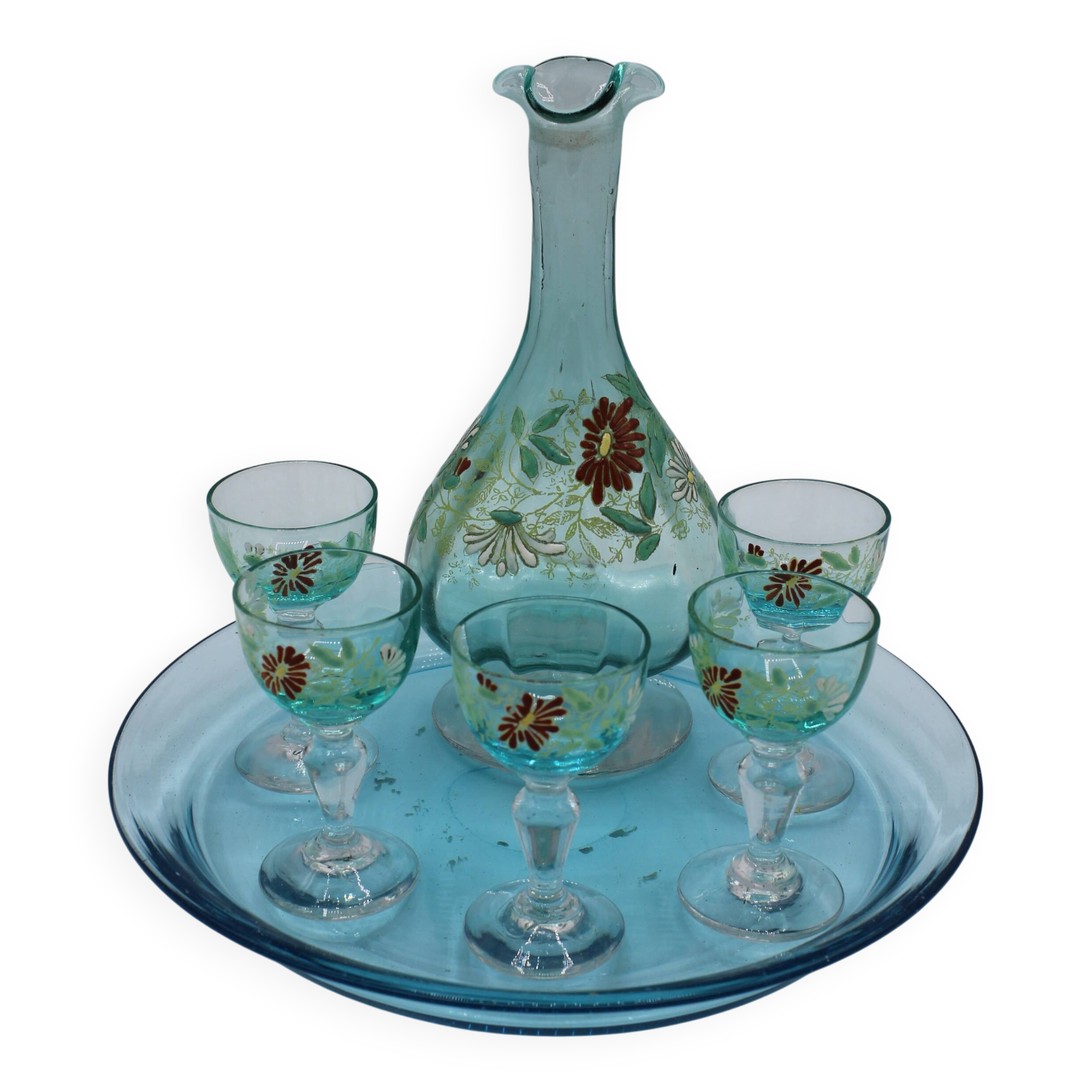 Magnifique service a liqueur en vere bleu emaille legras george sand art no