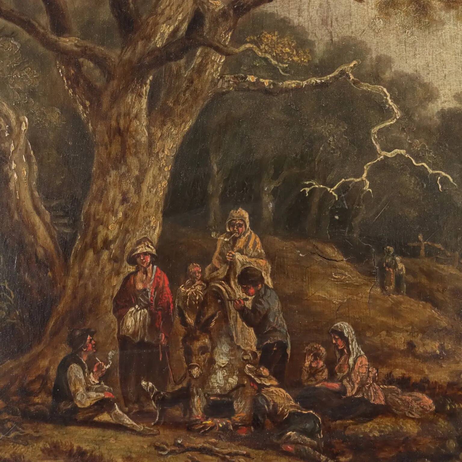 Peinture ancienne paysage avec voyageurs, huile sur panneau, '700