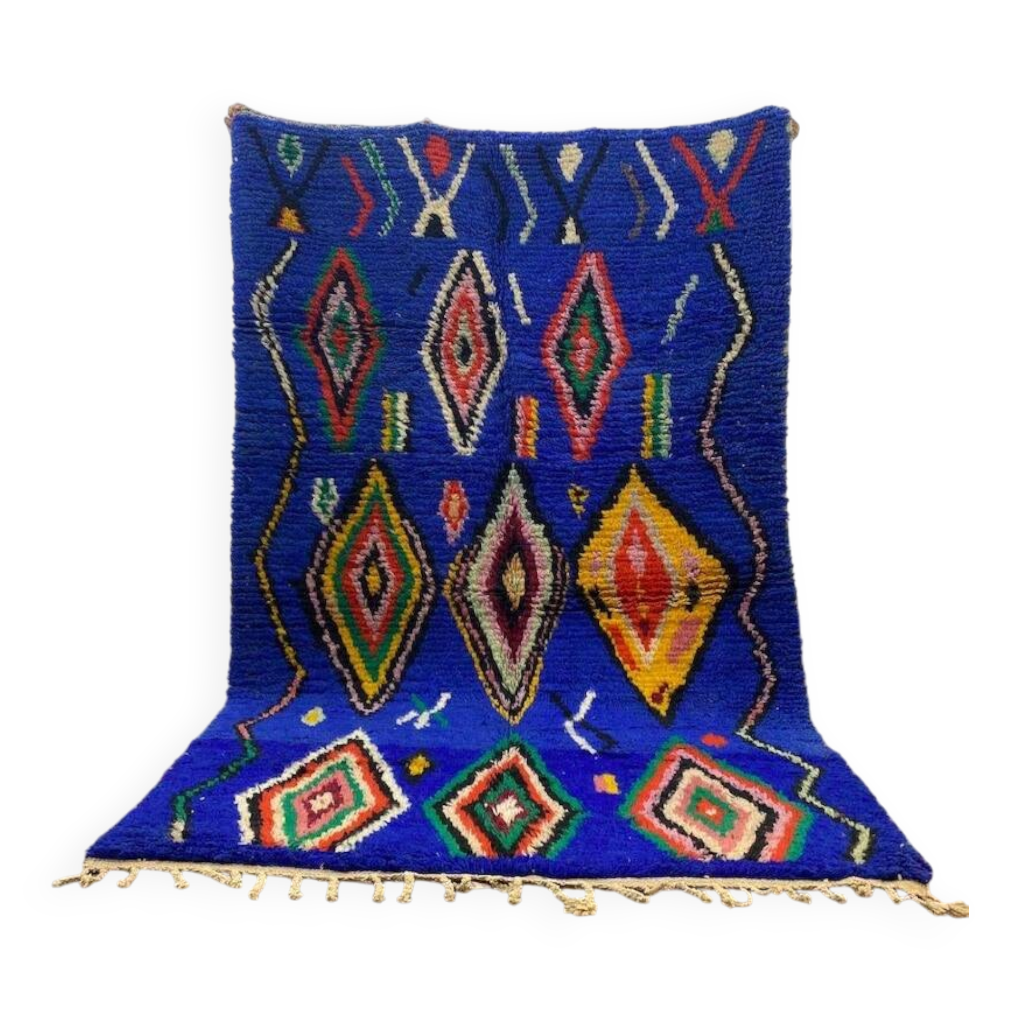 Handmade blue Moroccan rug, decorated, 250cm x 150cm