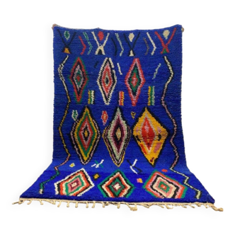 Handmade blue Moroccan rug, decorated, 250cm x 150cm