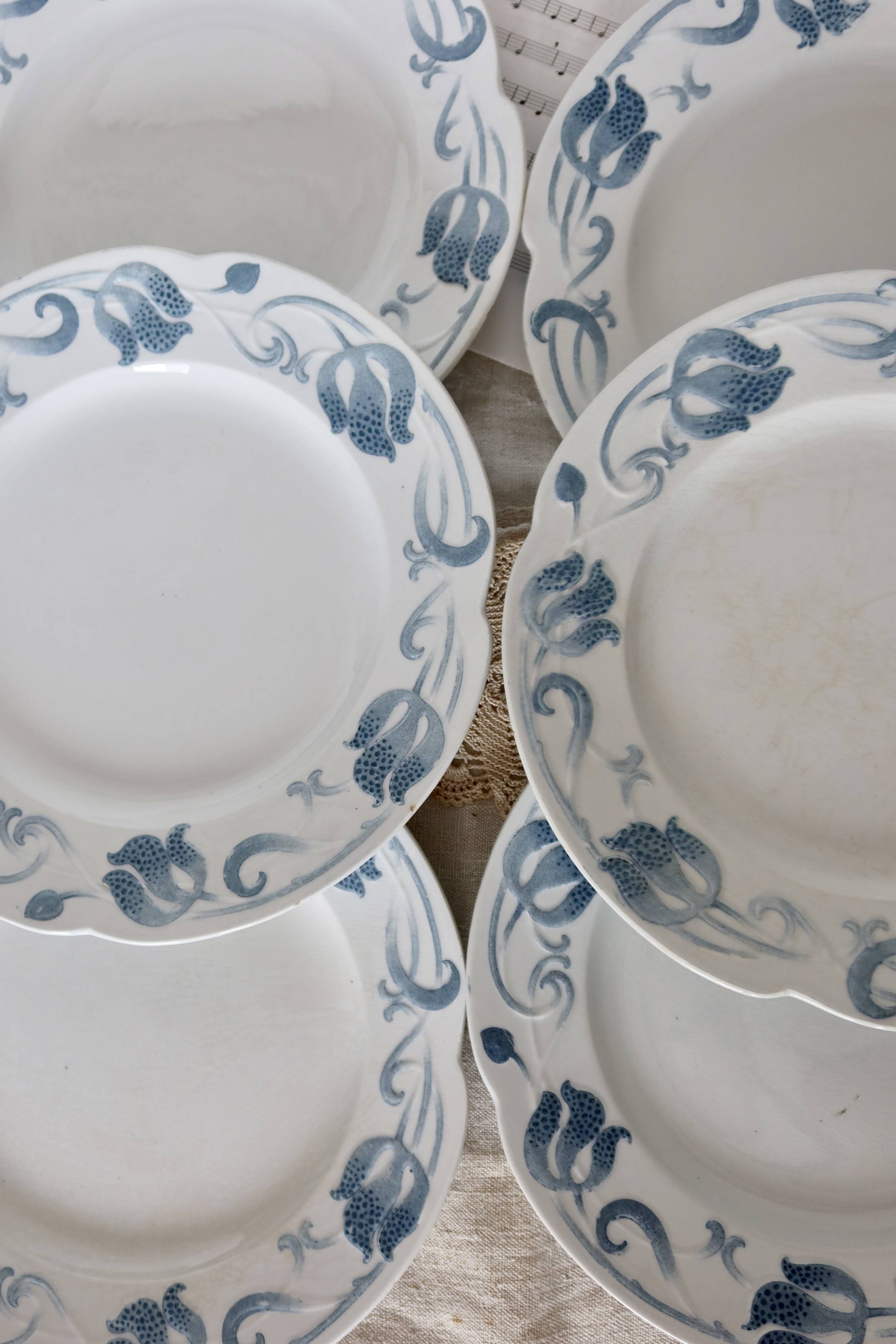 6 flat plates - Antique tableware set 82 pieces Sarreguemines earthenware Art Nouveau style