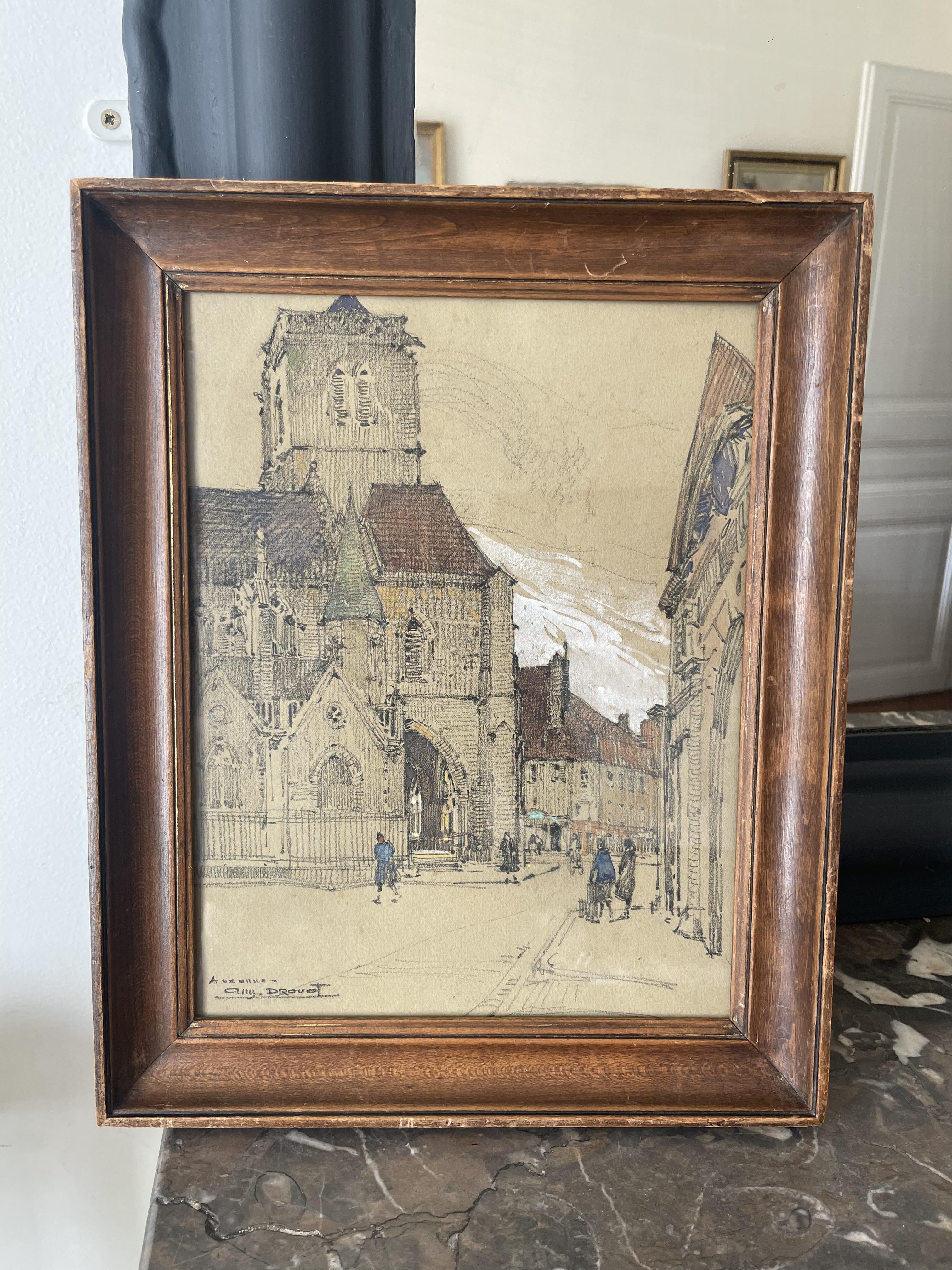 Auguste Drouot (1881- 1955) painting "The cathedral of Auxerre and its surroundings"