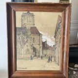 Auguste Drouot (1881- 1955) painting "The cathedral of Auxerre and its surroundings"