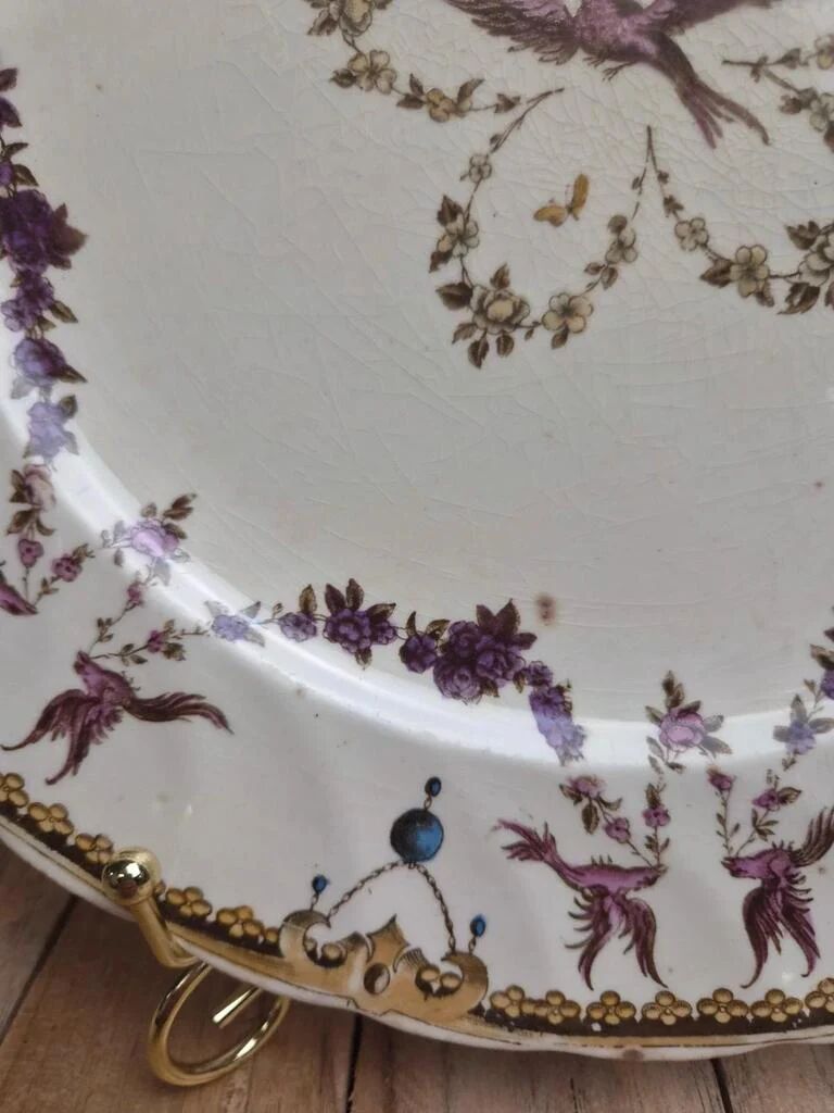 Antique English plate Clarendon P.b.&s – decoration of mauve birds & flowers – Oriental Ivory