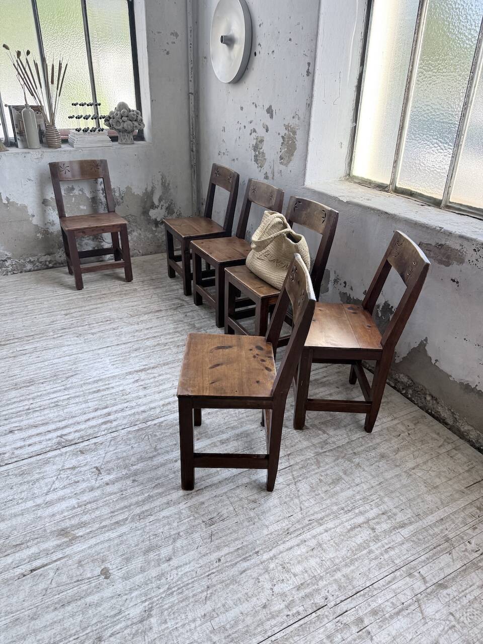 Set of 4 Savoyard pine folk art chairs from the 1950s.