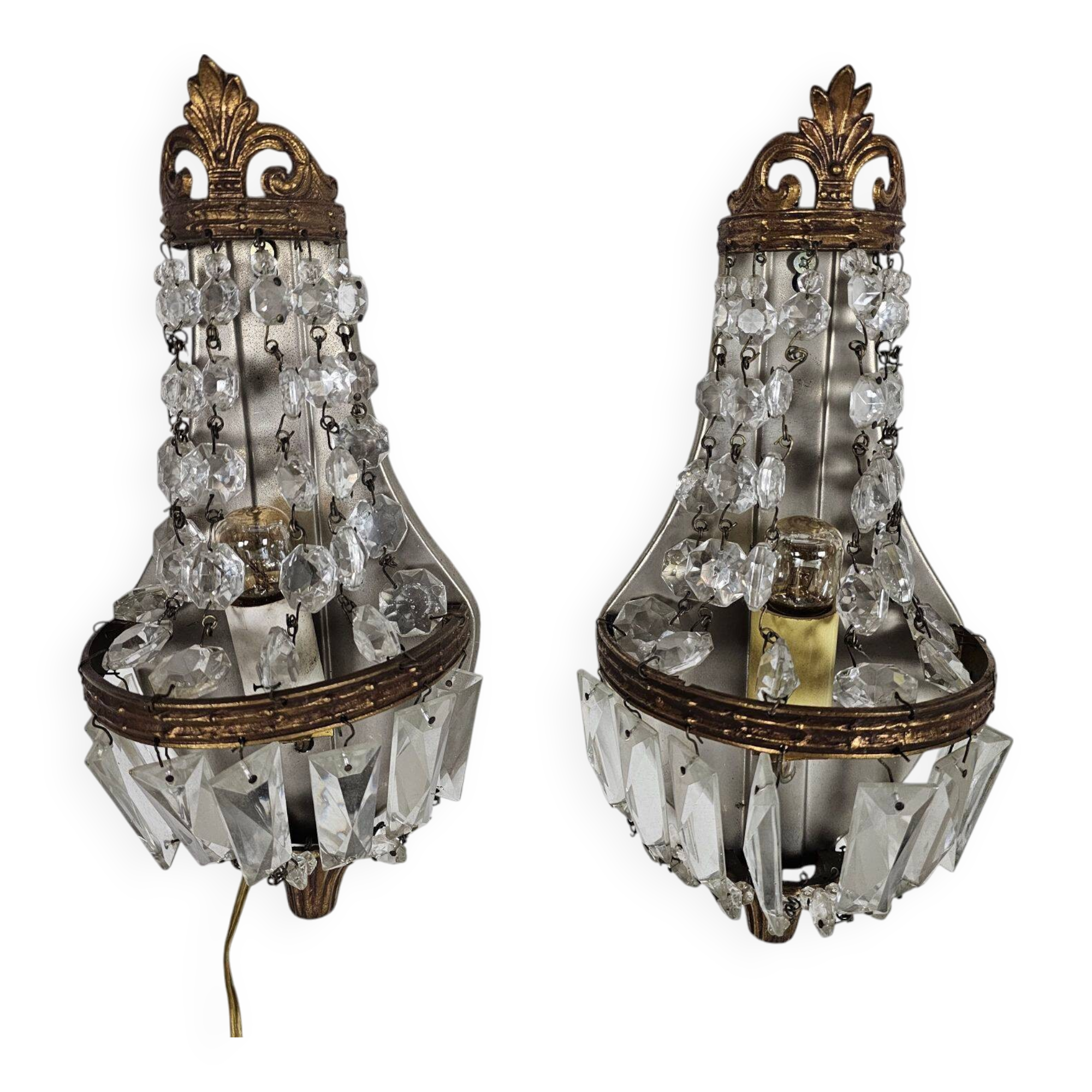 2 wall lamps - gold plated - crystal - 60's