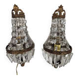 2 wall lamps - gold plated - crystal - 60's