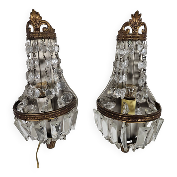 2 wall lamps - gold plated - crystal - 60's