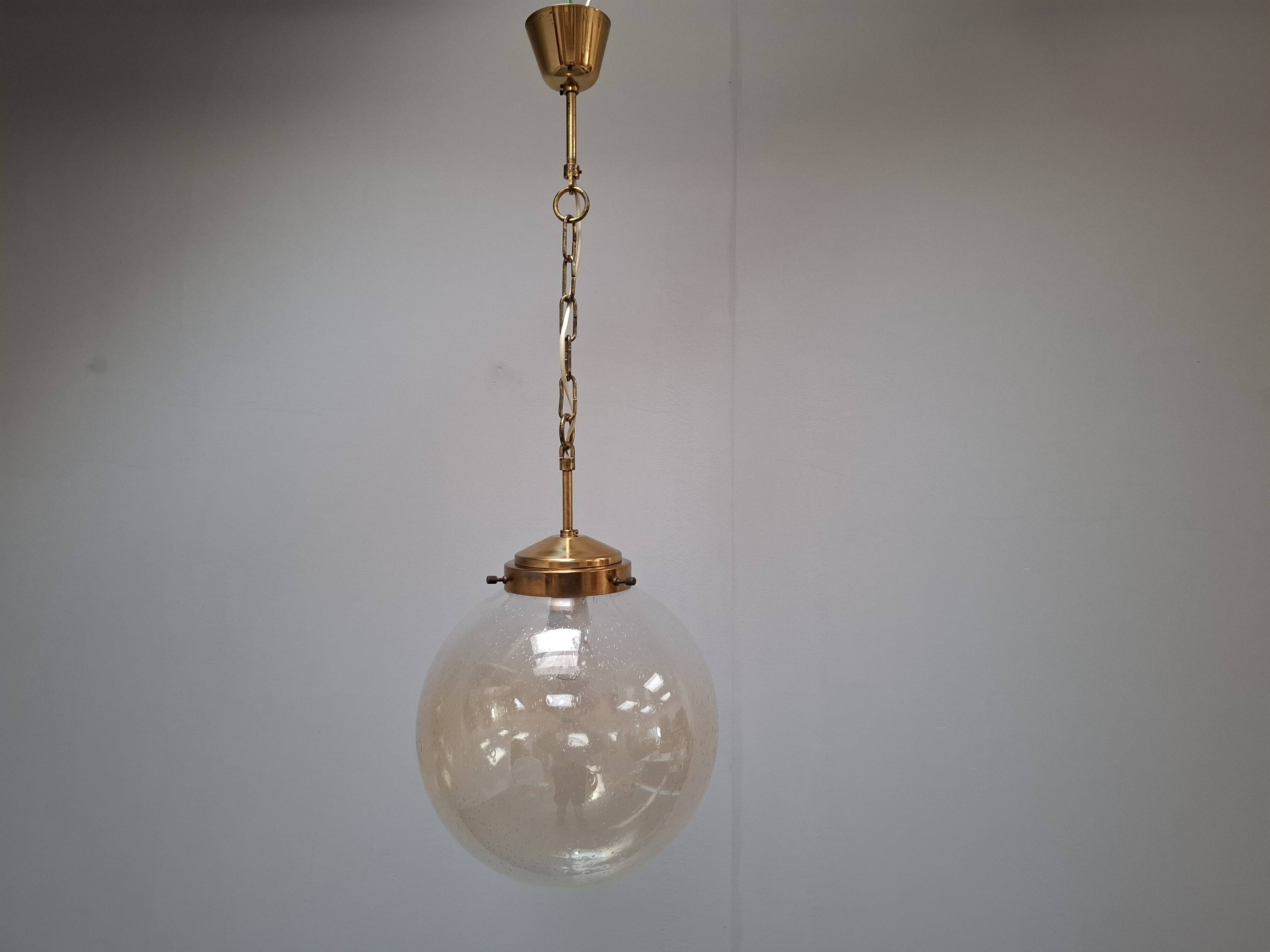 Midcentury Brass and Smoked Bubble Glass Pendant by Kamenický Šenov, 1960s