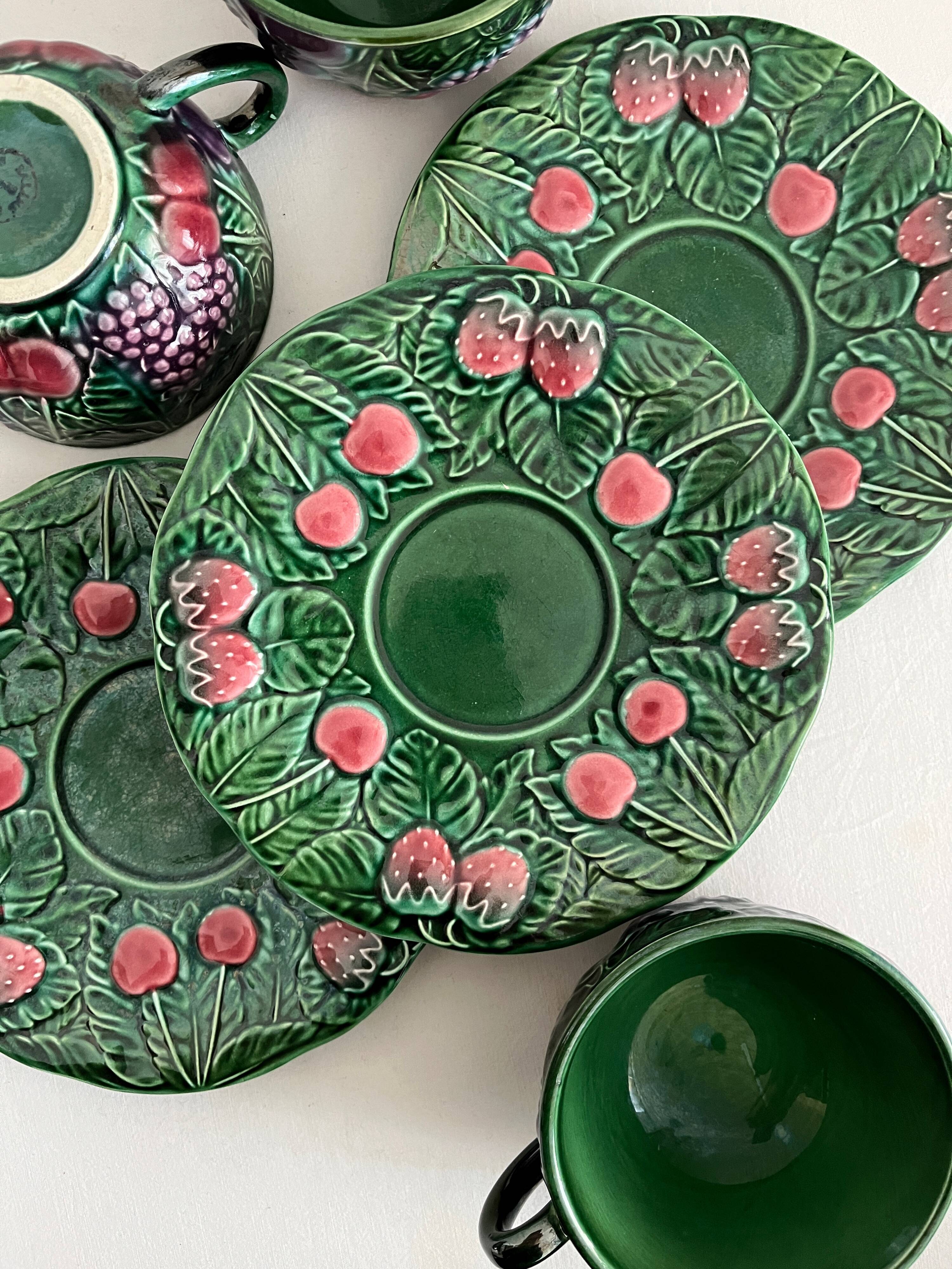 3 earthenware cups and saucers in barbotine fruit decor Salins vintage