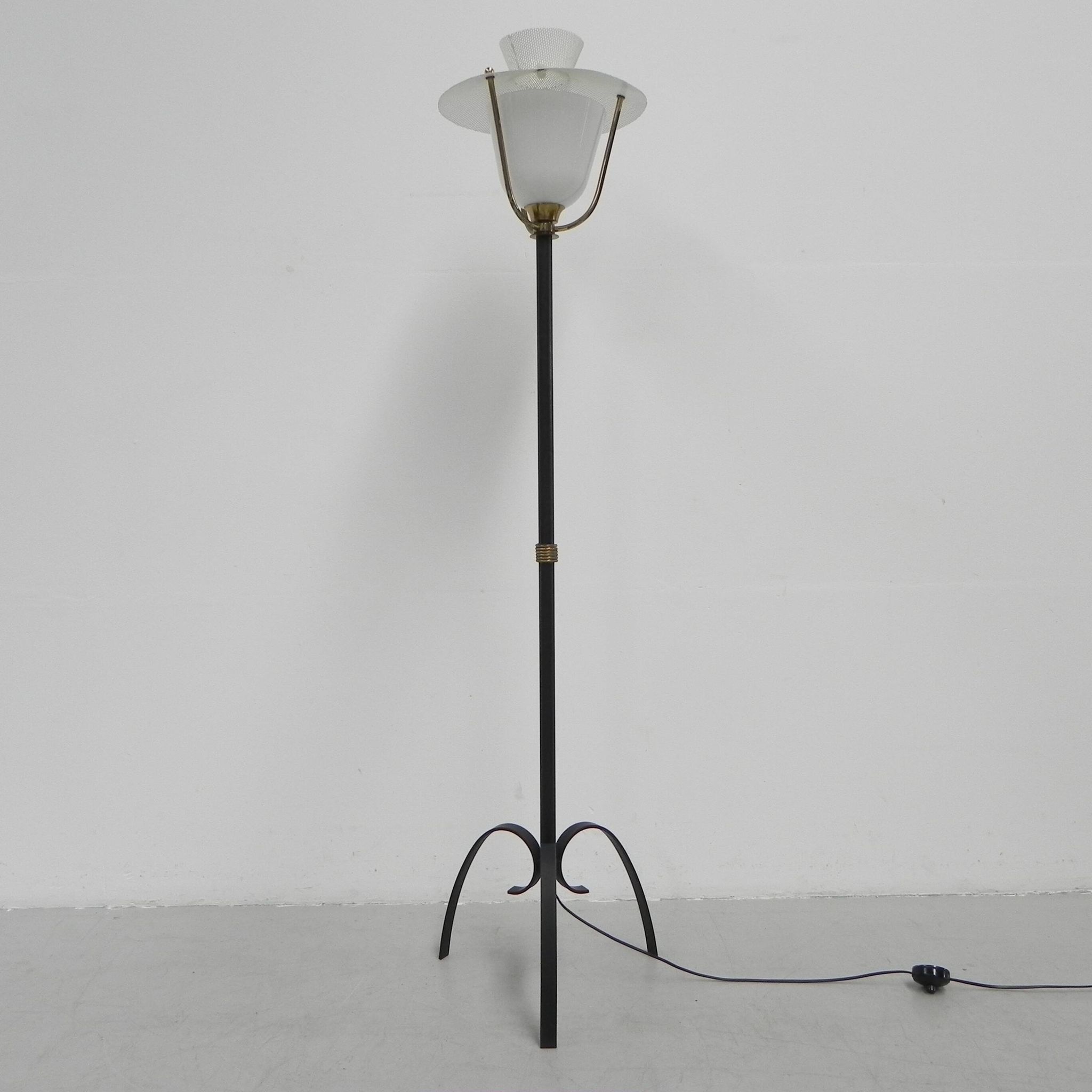 Standing vintage lamp with glass shade and perforated steel shade