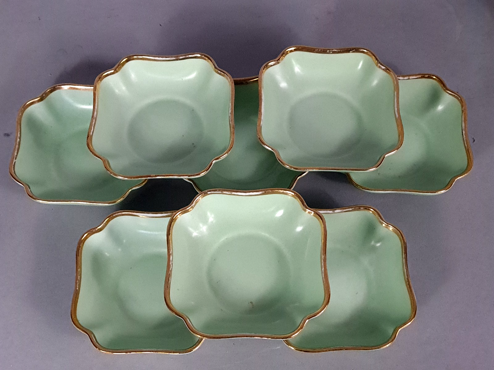 Antique Limoges green & gold porcelain dessert / cream service C593