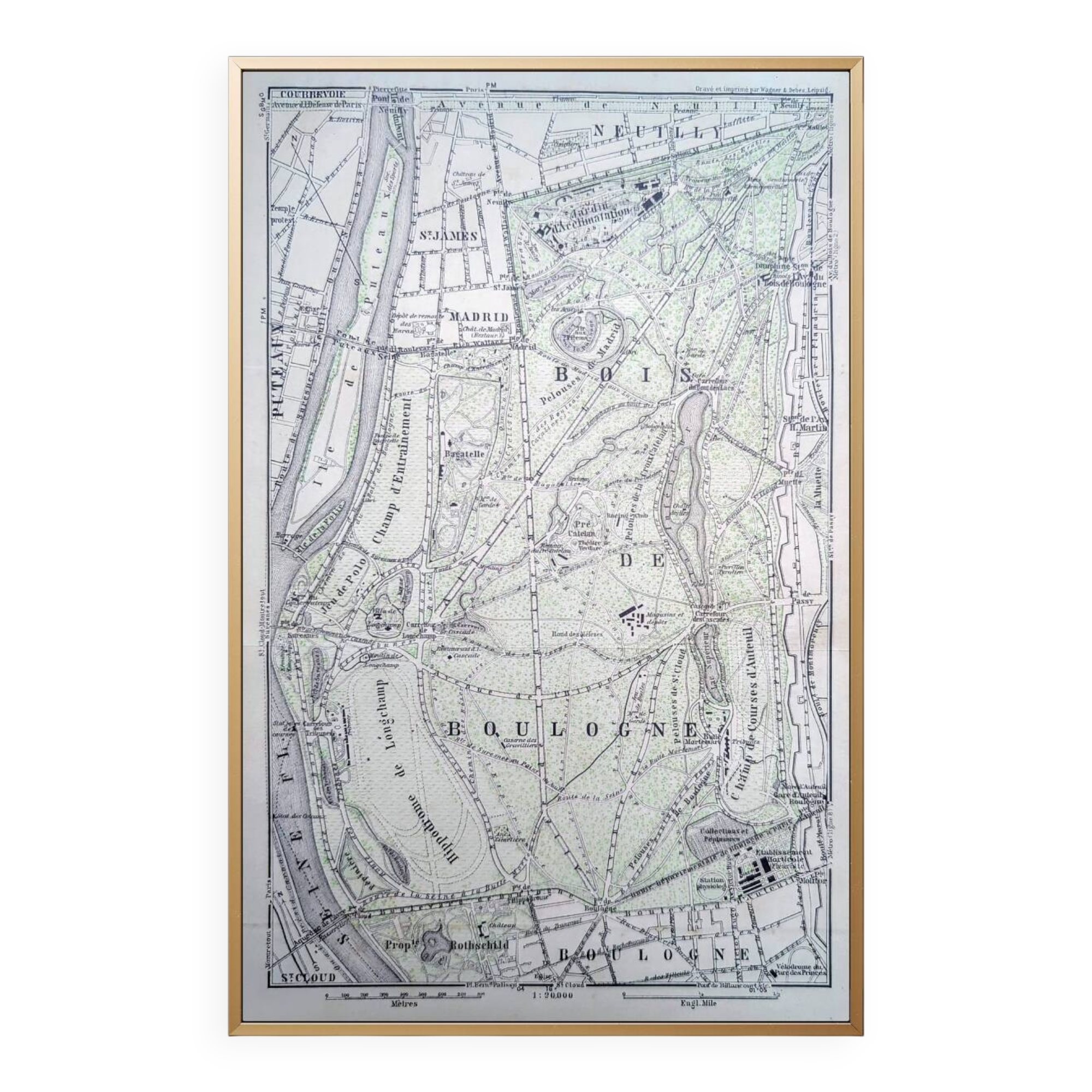 Bois de Boulogne, old map, printed in 1914.