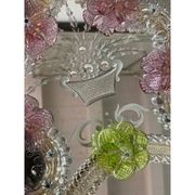 2000s Venetian Oval Green and Pink Floreal Hand-Carving Mirror in Murano Glass Style