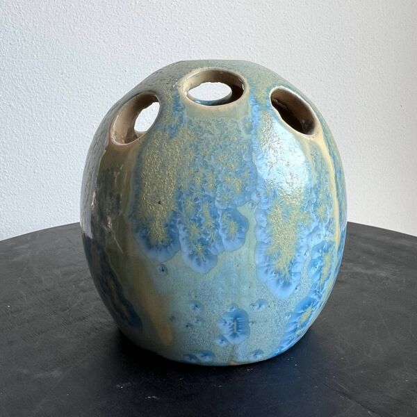 Pique-fleurs en céramique émaillée bleue, 1956