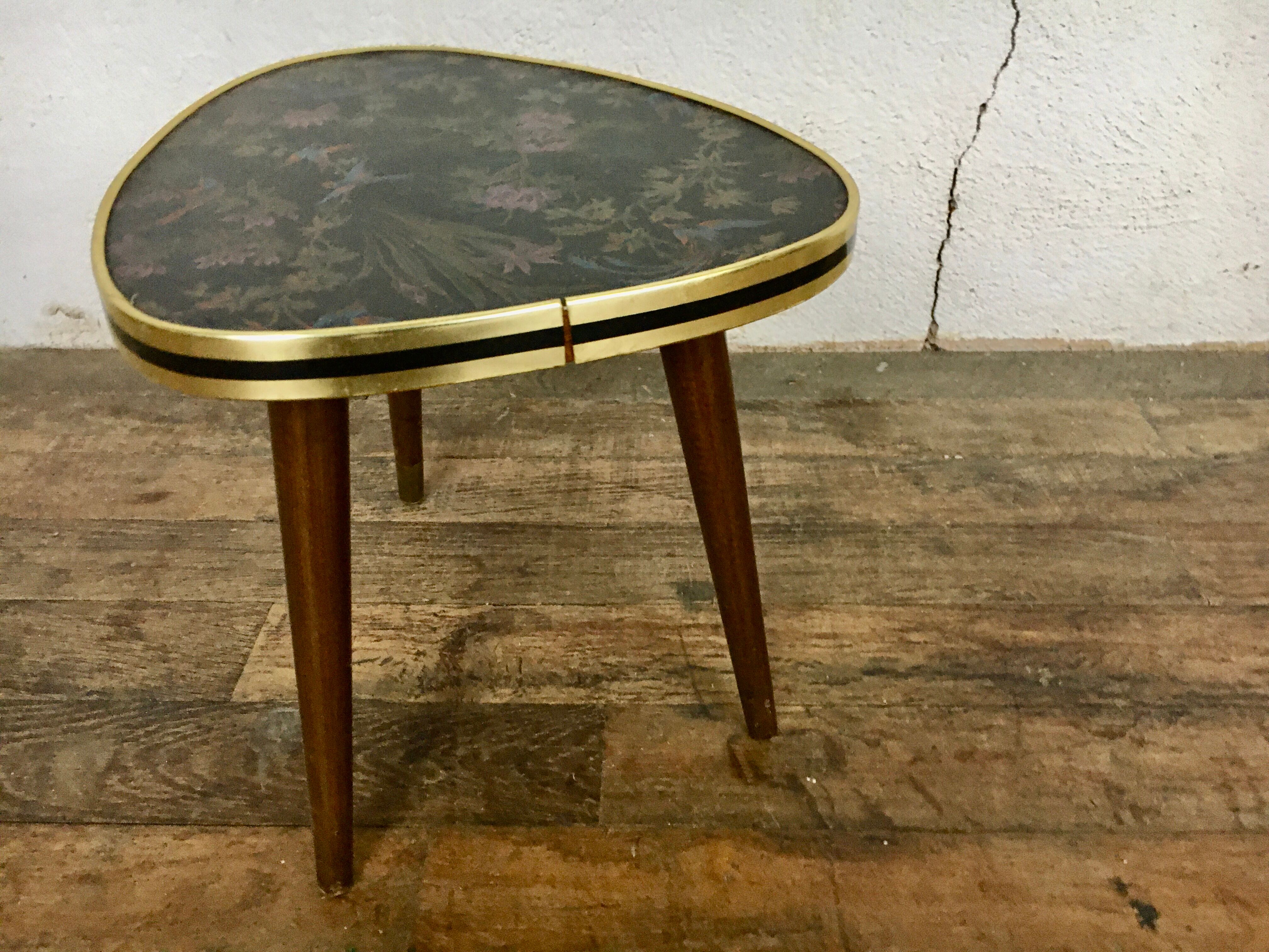 Small triangular table coffee table birds vintage flowers tripod door plant midcentury 1950