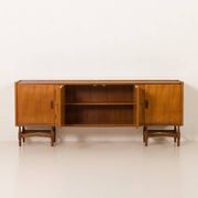 Itaian mid century teak sideboard with black glass top and inlays, 1970s
