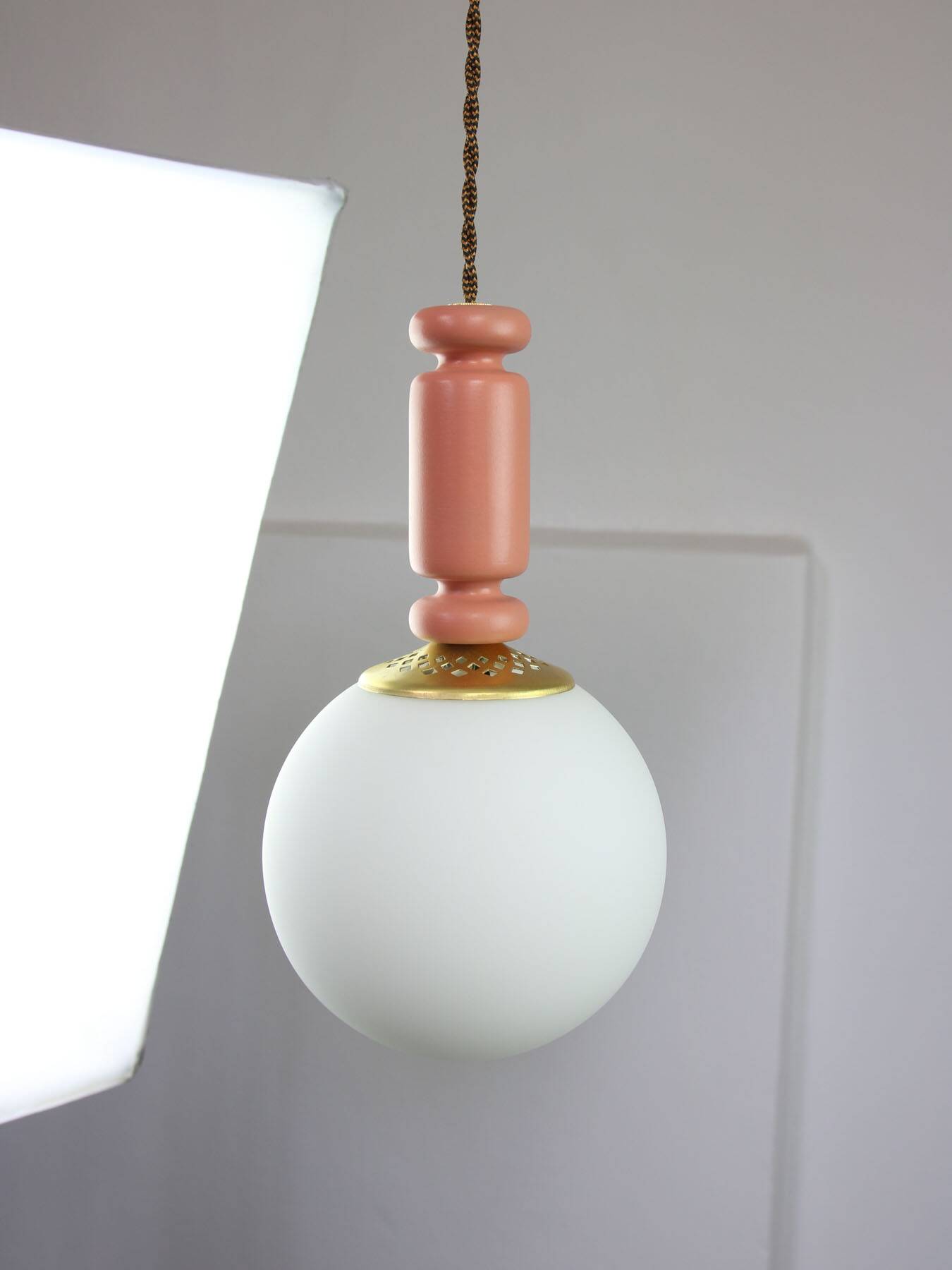 Mid-Century Italian Brass & Opaline Glass Pendant Lamps, Set of 2