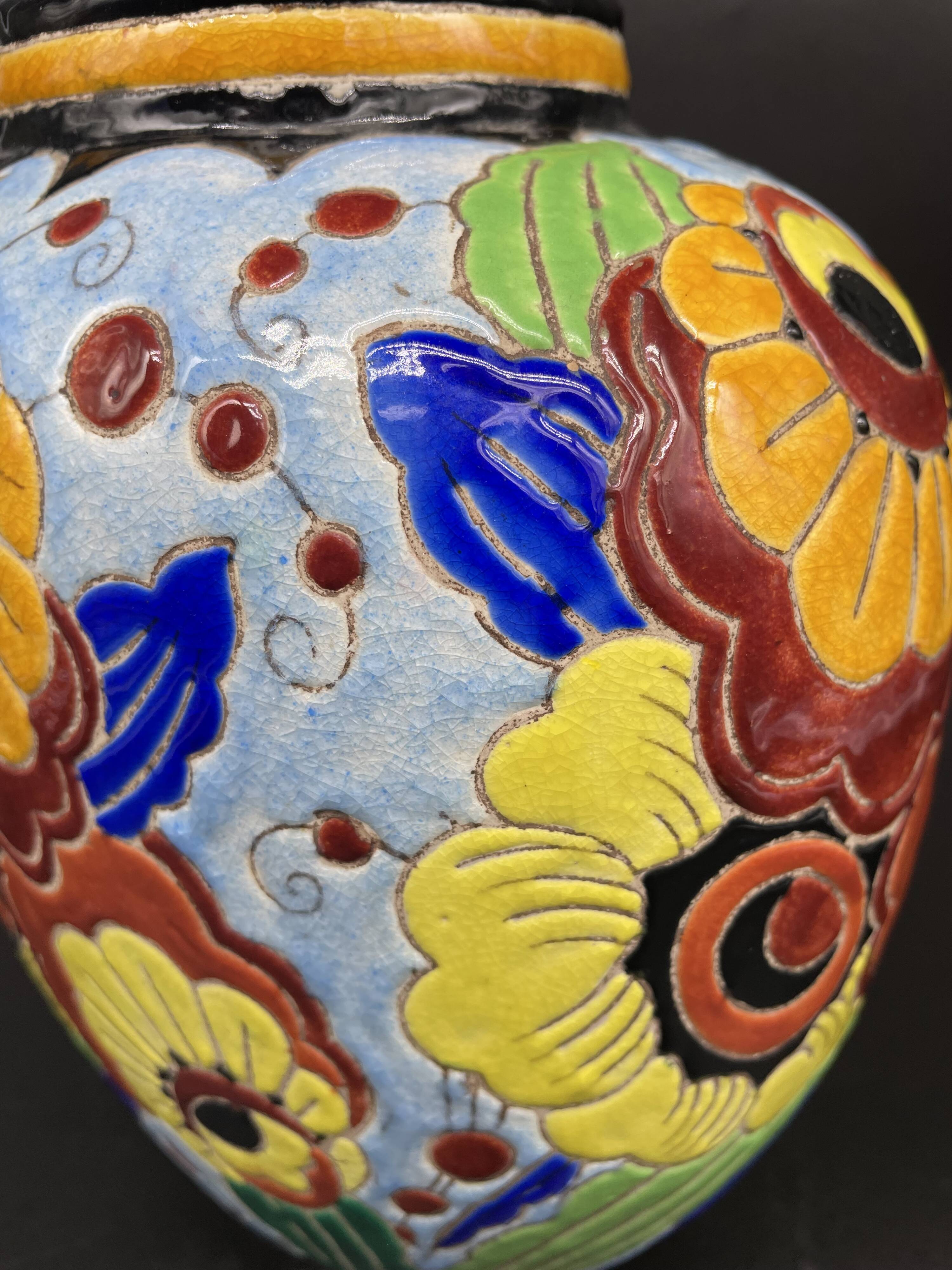 Ovoid vase, charles catteau, keramis, art deco period, fine earthenware, floral enamel decoration, vase col