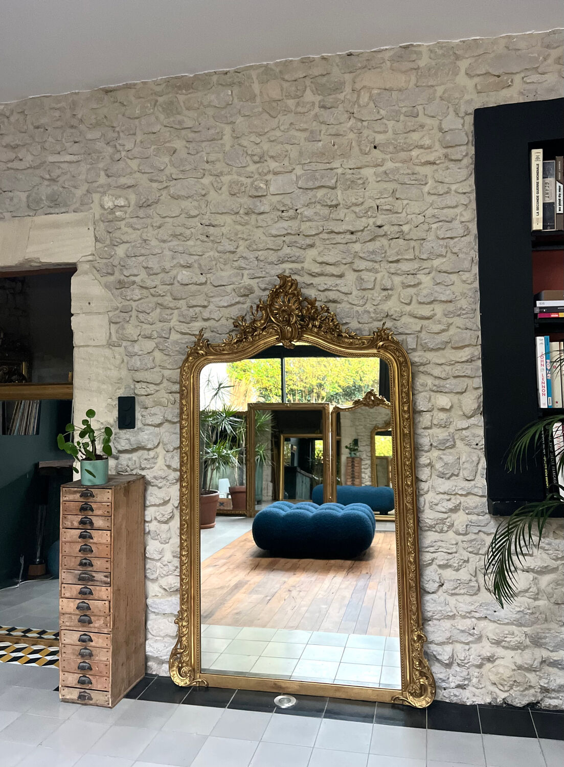 Antique mirror 183.5/116cm with pediments and pearl detailing in gold leaf.