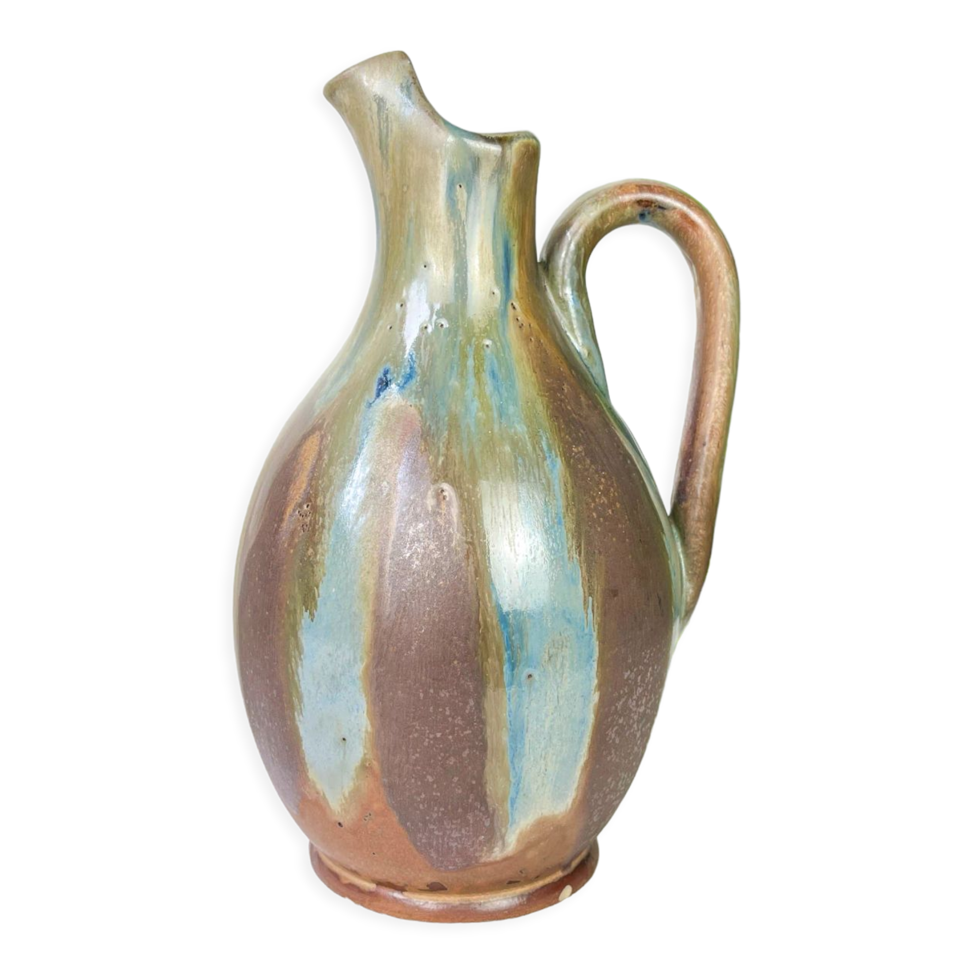 Art Nouveau style carafe in flamed stoneware with blue and brown drips