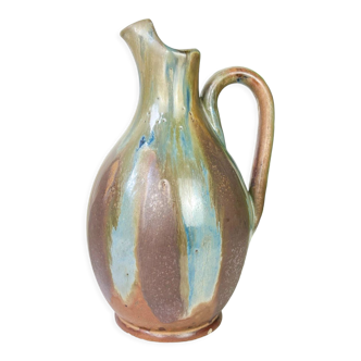 Carafe style art nouveau en grès flammé à coulures bleues et brunes