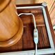 Turned wood base lamp with spun lampshade