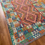 Oriental kilim rug afghan colored red green multicolored