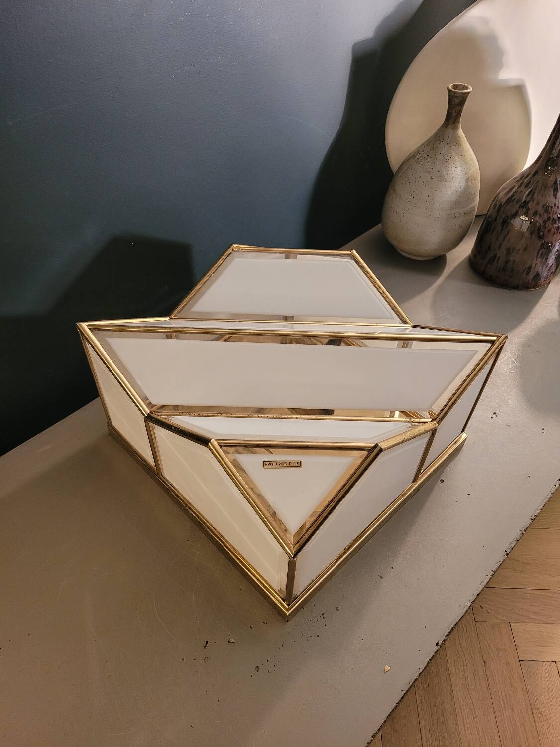 Italian ceiling light in glass and 24-carat gold plating.