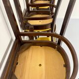 Lot de 8 anciennes chaises fauteuils de bistrot en bois et simili jaune 80’