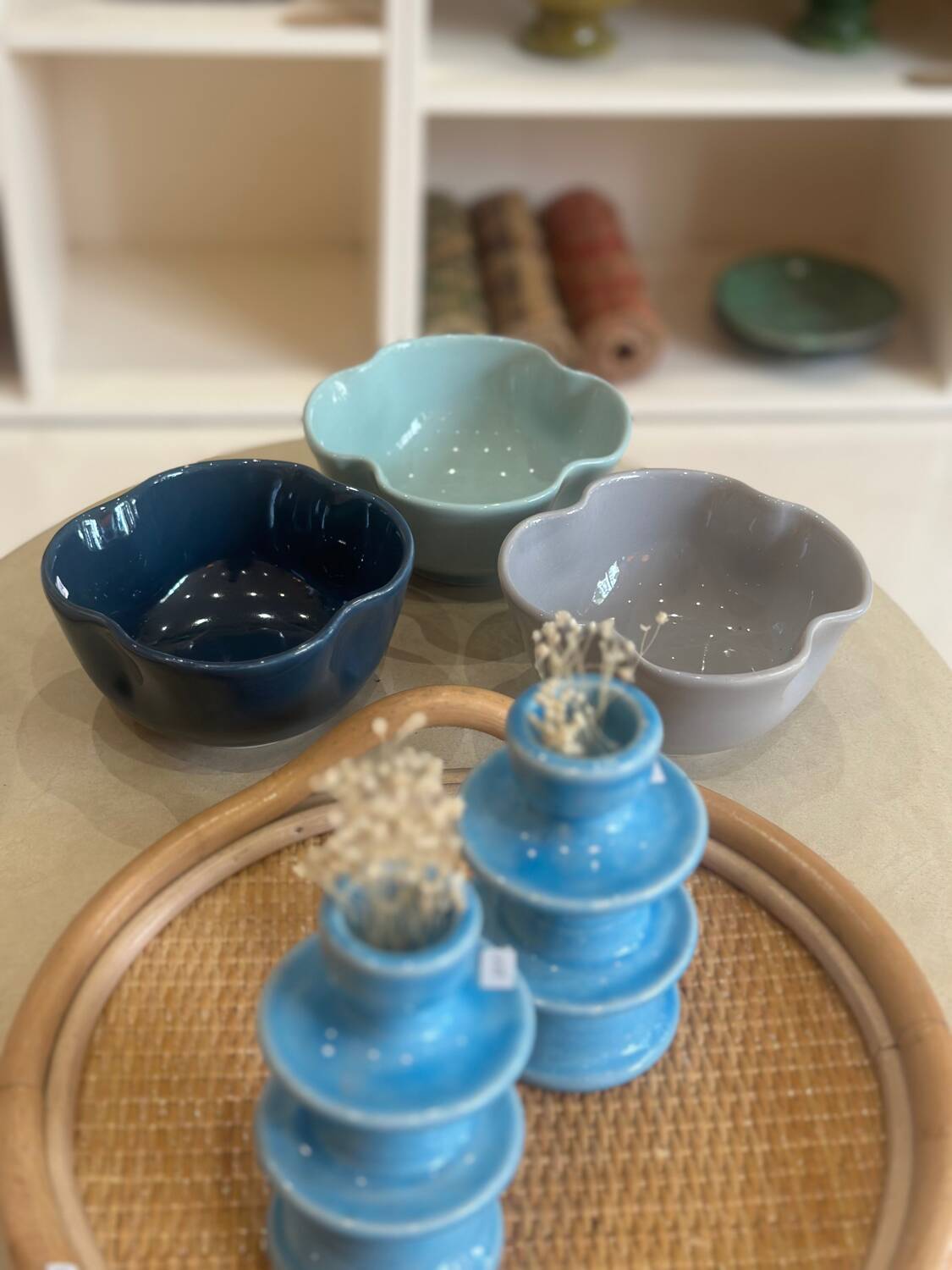 Handmade glazed ceramic bowl with sky blue pop clover flower