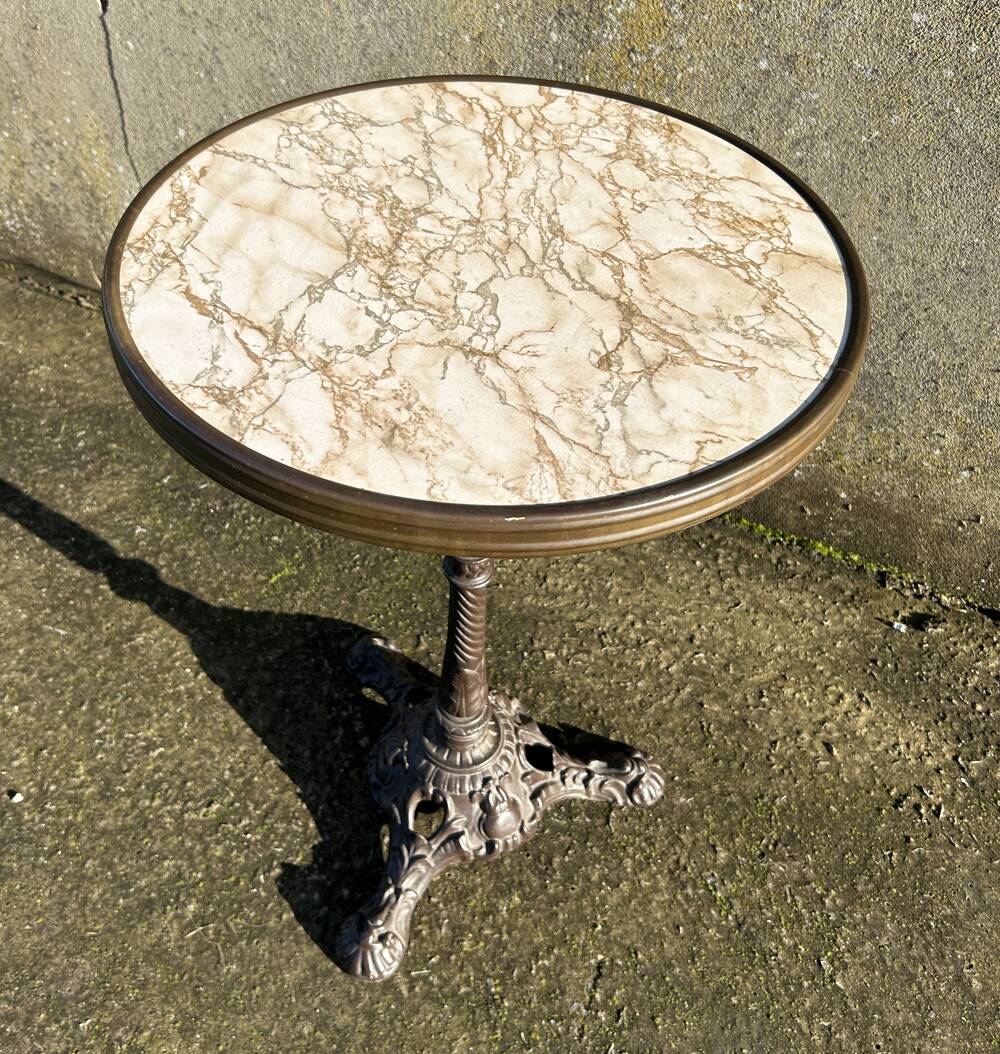 Round bistro table, cast iron base, vintage, 1940s