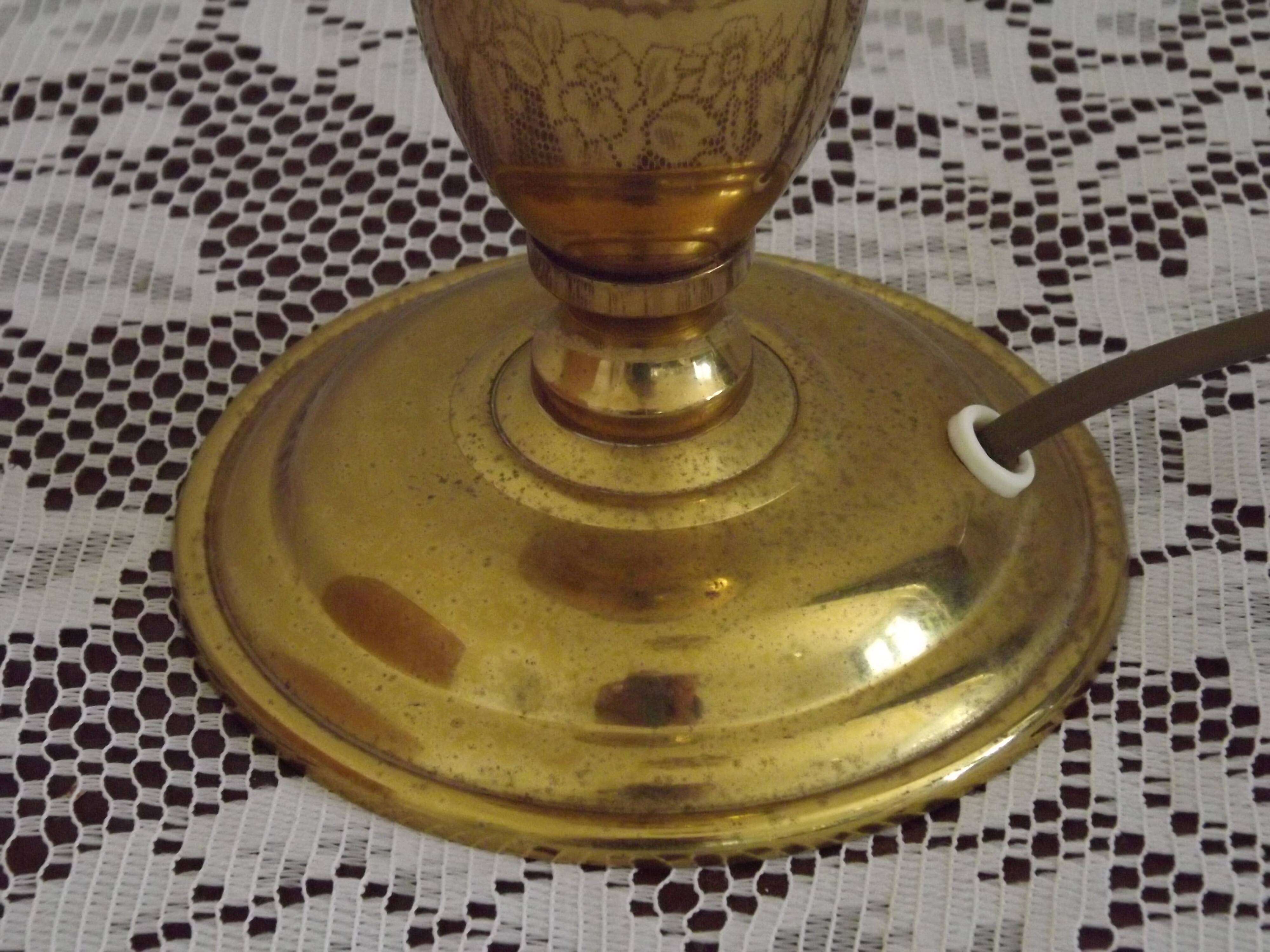 Vintage French Round Brass Table Lamp With Beige and Gold Shade