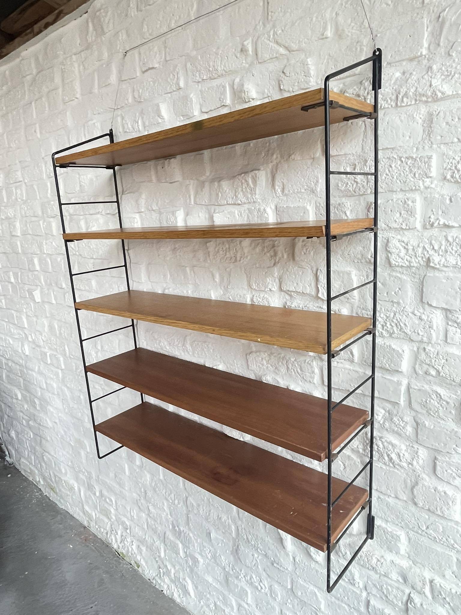 Scandinavian vintage wall shelf String real large model with 5 wood and black metal boards