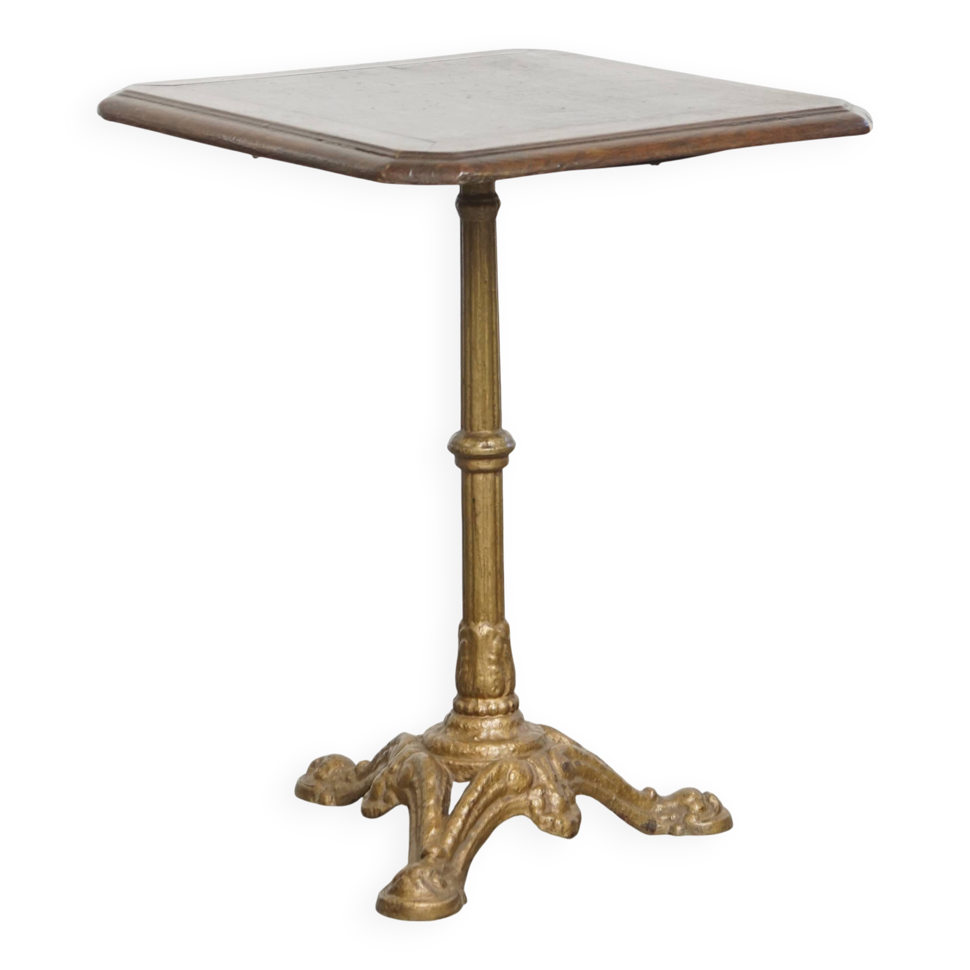 Antique Bistro Table with Gold-Colored Cast Iron Base and Dark Oak Top
