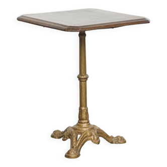 Table de bistrot antique avec base en fonte dorée et plateau en chêne foncé
