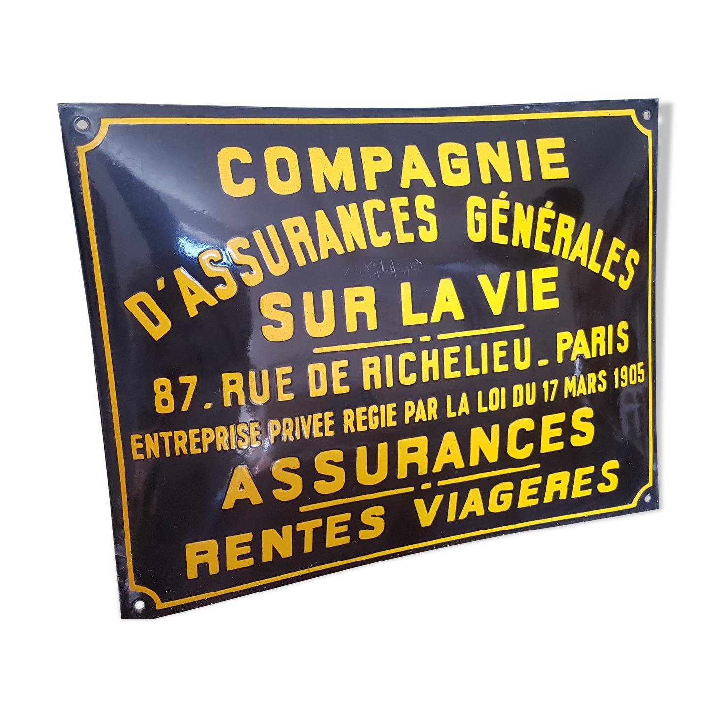 Plaque émaillée publicitaire " Cie assurance sur la vie... rentes viagères "  50x 42 cm