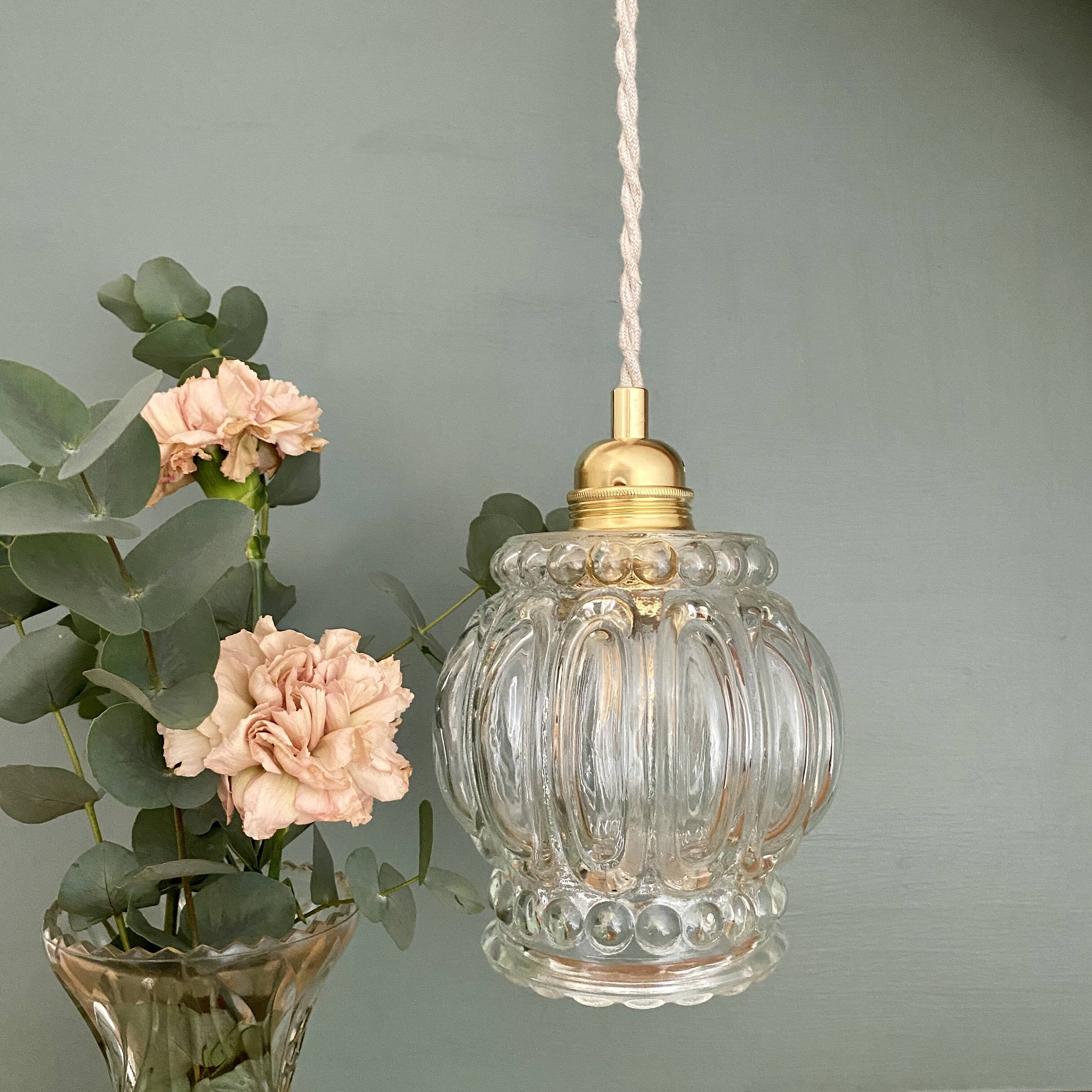 Vintage globe pendant light in transparent bubbled glass