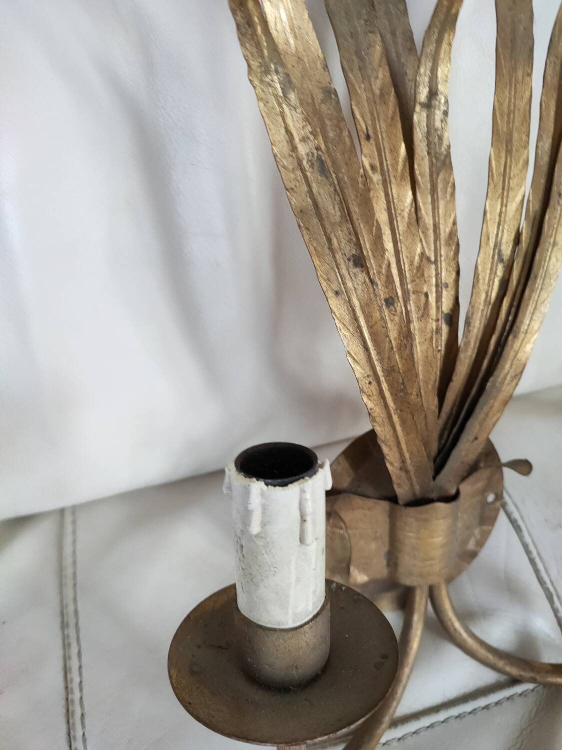 Pair of vintage wall lights, two golden arms, foliage