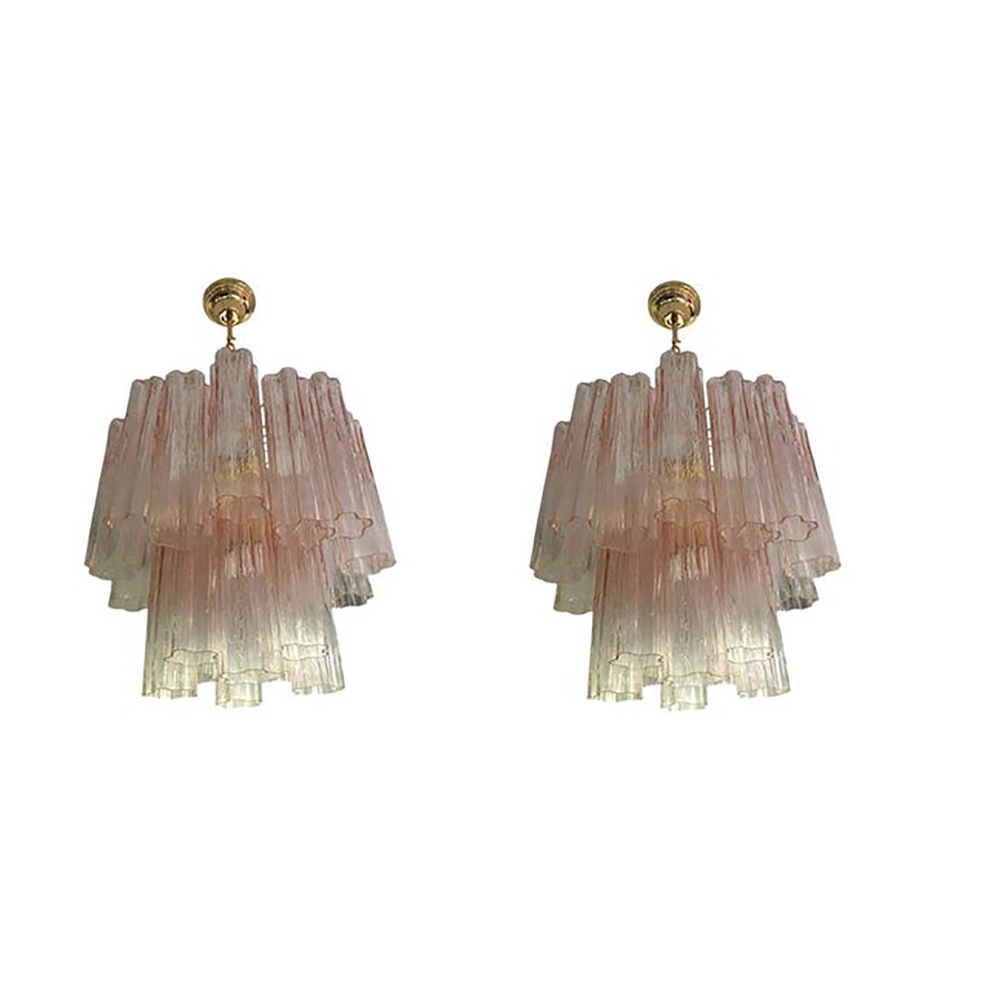 Set of 2 Contemporary Murano Style Glass Pink "Tronchi" Chandelier With Gol